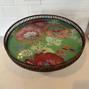 Table Cake Footed Stand 13"D x 8"H Green Pink Floral Metal Glass Tracy Porter